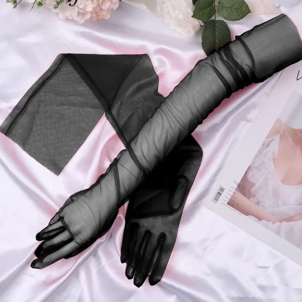 2PAIRS Mesh Kink Long Tulle Crumbling Taffeta Black High Gloves Transparent